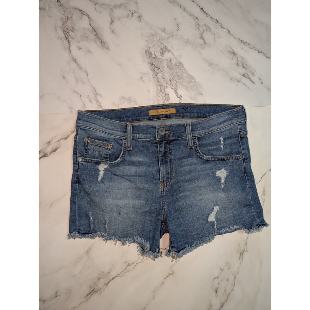 Rebecca Minkoff‎ Melrose Distressed Denim Shorts Blue Raw Hem Size 27 SP1631496A